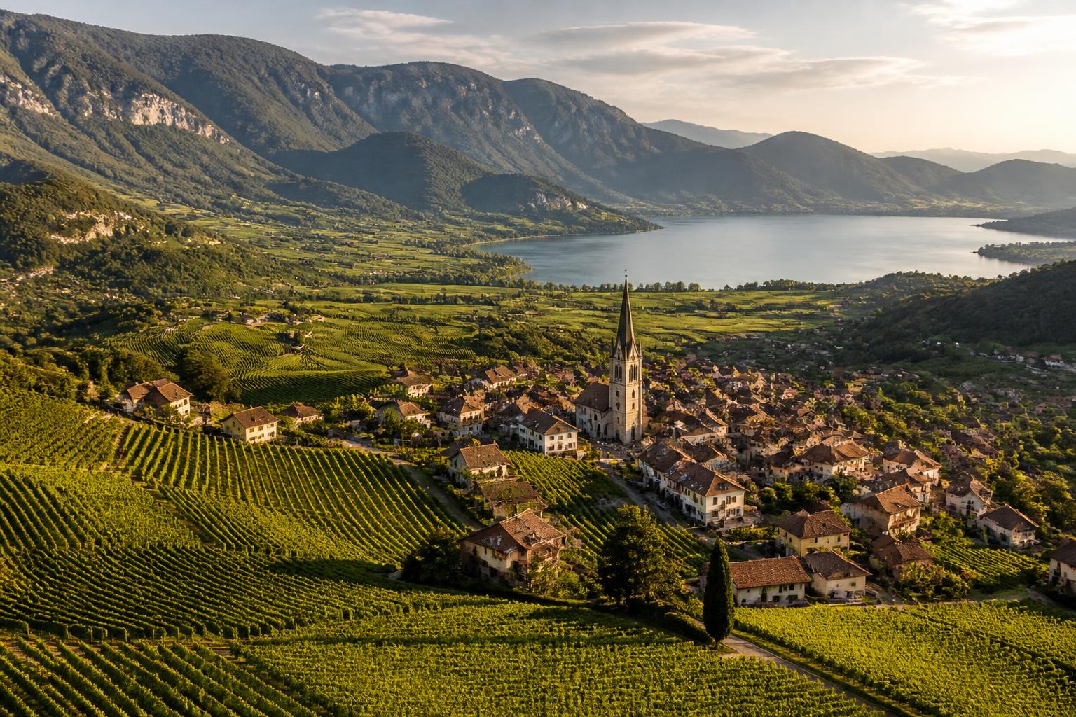 Veduta di Caldaro sulla Strada del Vino, vigneti e Lago di Caldaro, Alto Adige